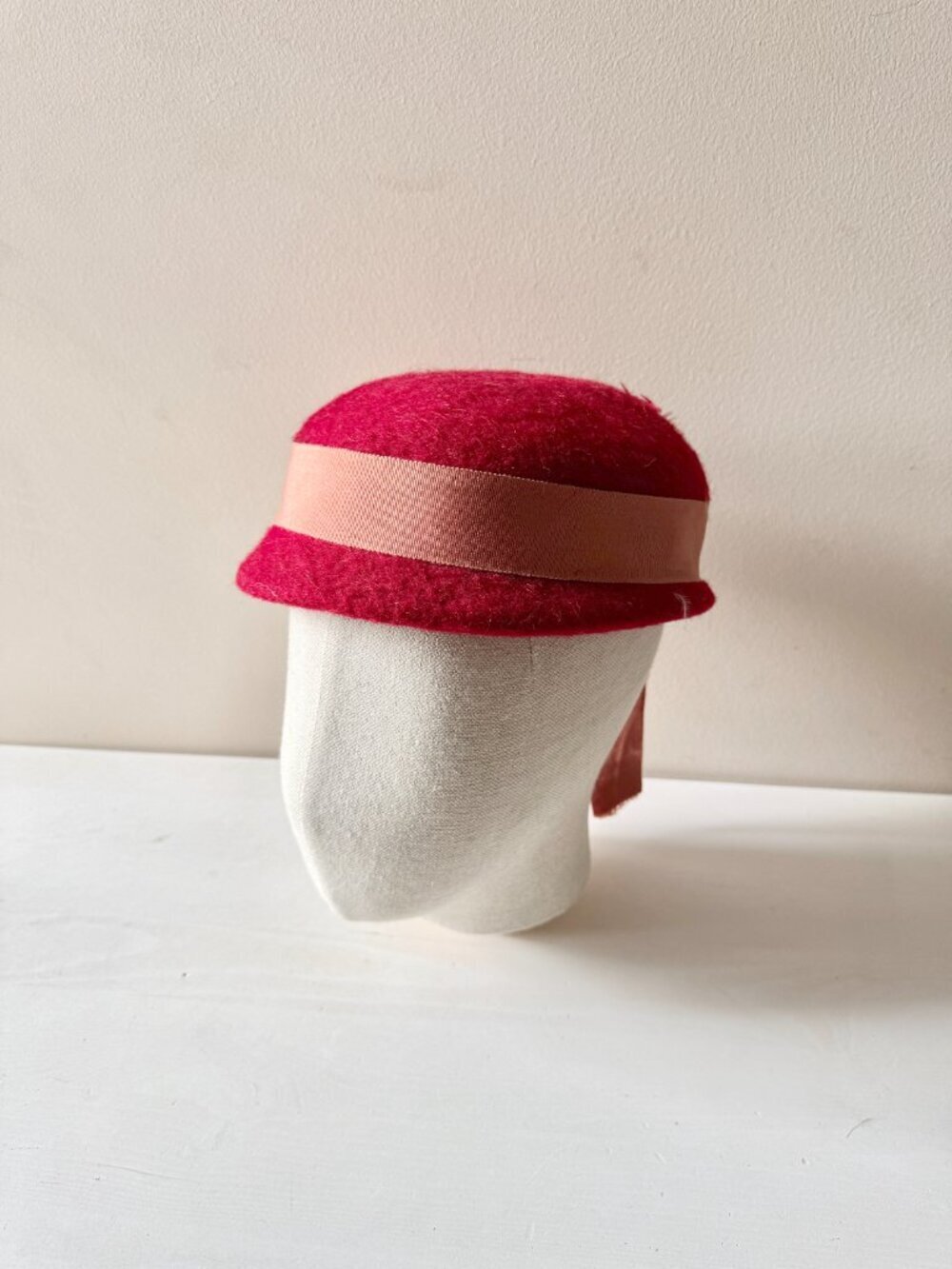 Vintage Red Wool Felt Pink Grosgrain Ribbon Feather Capulet Hat